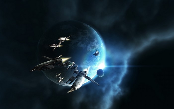 Spaceships near a blue planet in EVE Online