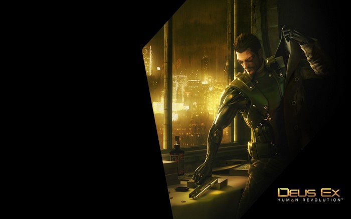 Adam Jensen from Deus Ex: Human Revolution with a gun