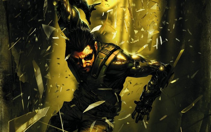 Adam Jensen from Deus Ex: Human Revolution breaking glass