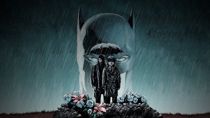 Batman and two boys at a grave