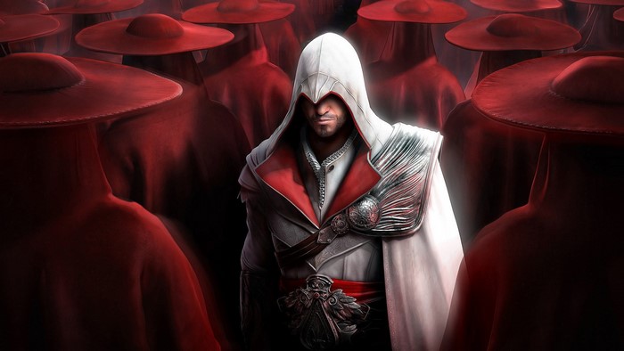 Ezio Auditore from Assassin's Creed surrounded by red figures