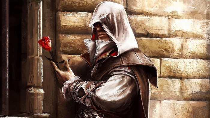Ezio Auditore da Firenze from Assassin's Creed holding a red rose