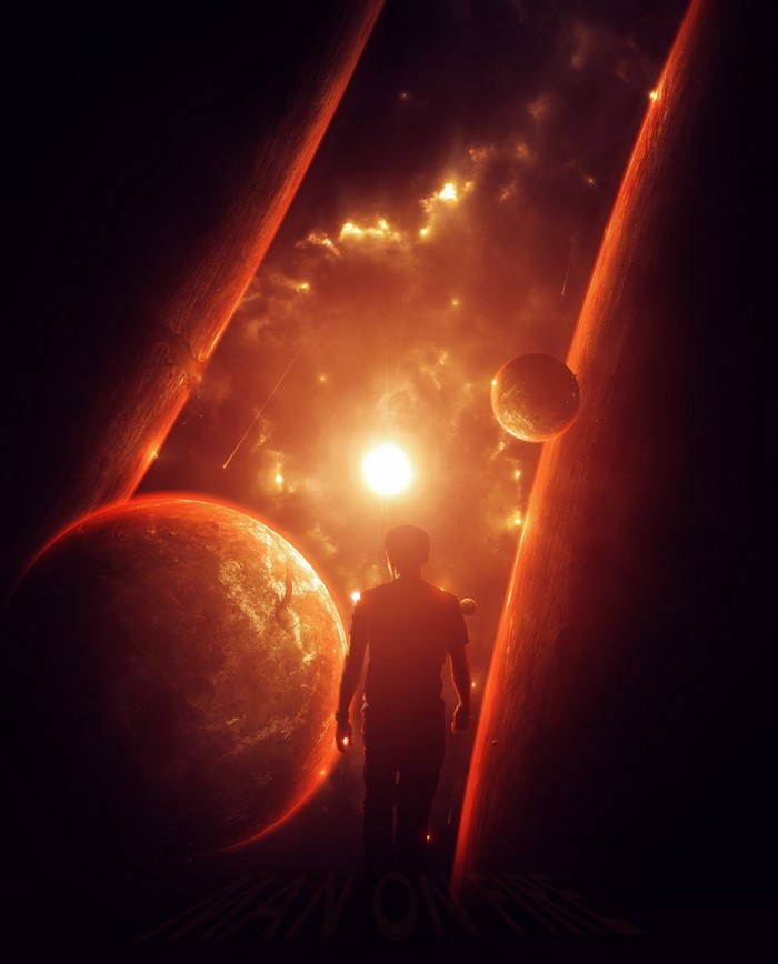 Man walking through a cosmic gateway with planets and stars