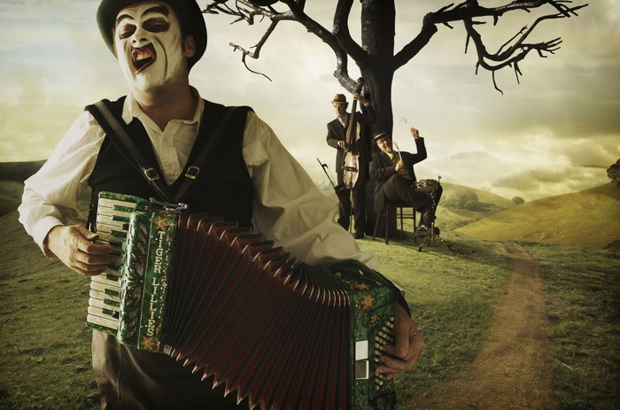 The Tiger Lillies band playing music outdoors