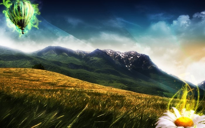 Fantasy hot air balloon over mountains and meadow