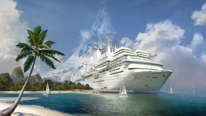 Halo Cruise Ship by a Tropical Island