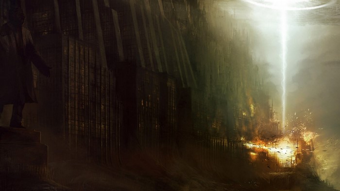 A beam of light strikes a dark, ruined city