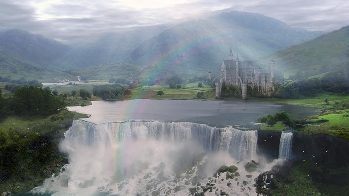 Fantasy castle by a misty lake and waterfall