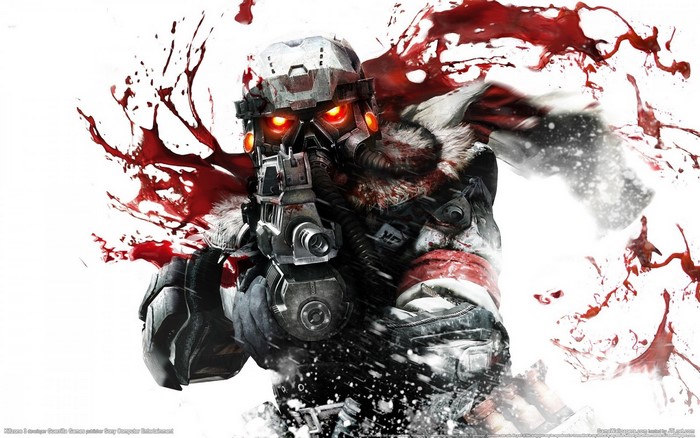 Soldier with glowing eyes and blood splatters from Killzone