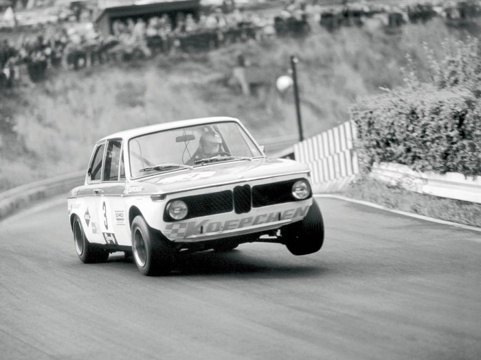 Vintage BMW 2002 Racing Monochrome Action Shot