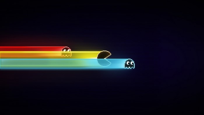 Pac-Man and ghosts with colored light trails