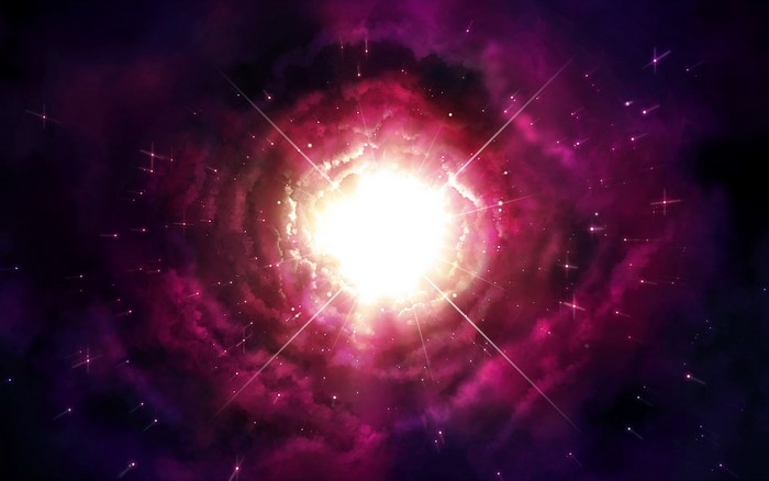 Bright galaxy with pink nebula and stars