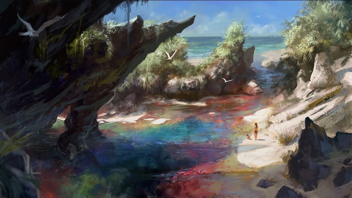Fantasy art painting of a colorful cove with two people on the beach