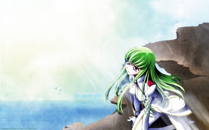 C.C. from Code Geass on a rocky cliff overlooking the sea