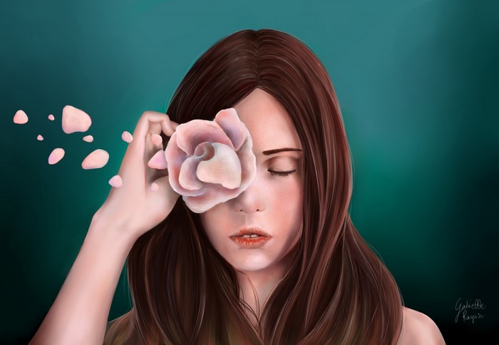 Woman holding a rose over her eye