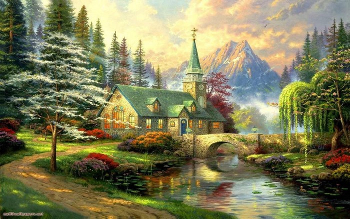 Painting of a stone church with a green roof and a bridge over a stream