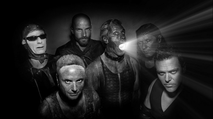 Rammstein band members in black and white portrait