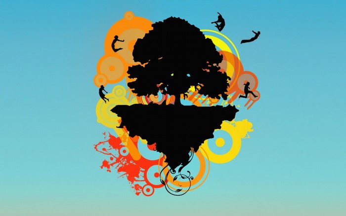 Silhouette of people jumping around a floating island with a tree
