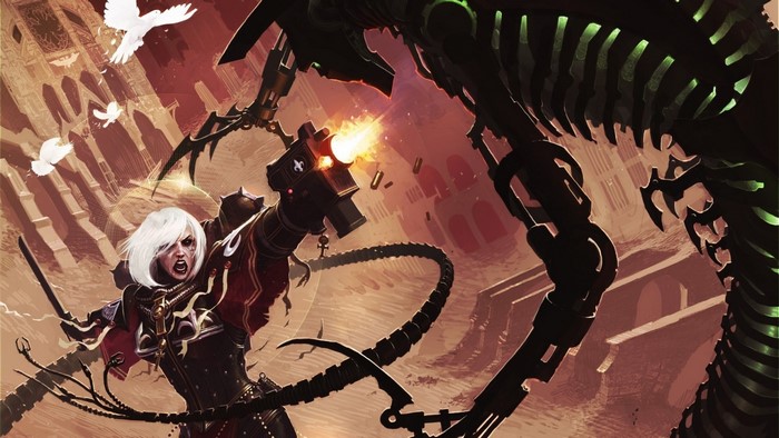Sister of Battle fighting Necron from WH40K