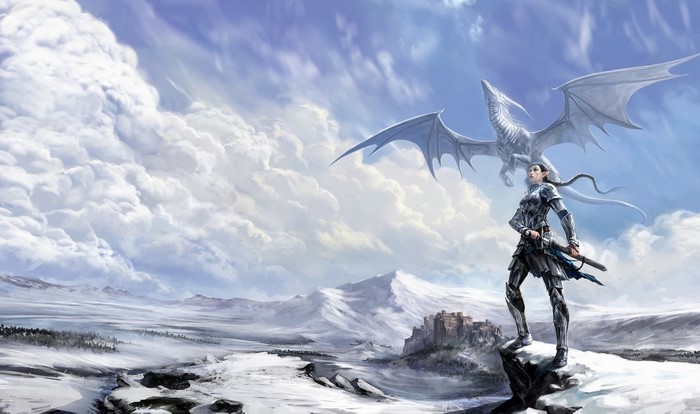 Warrior Woman and Dragon Over Snowy Mountains