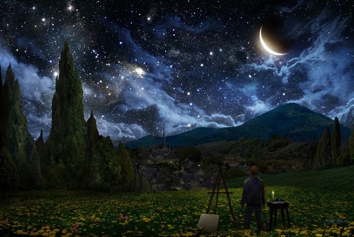 Starry Night with Crescent Moon and Painter