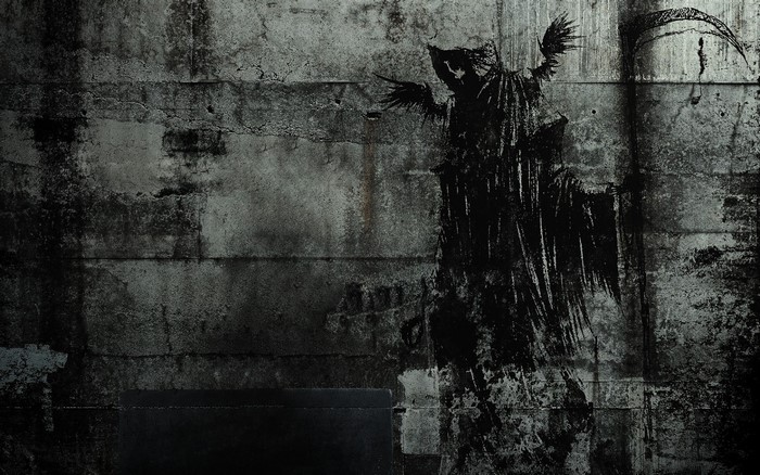 Grim Reaper graffiti on a textured concrete wall
