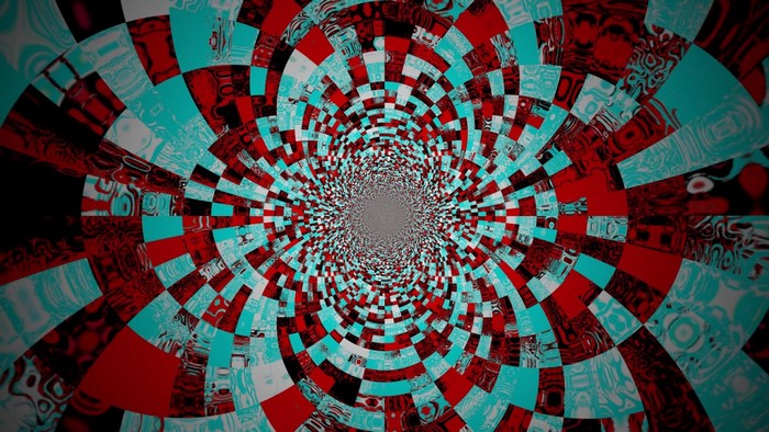 Psychedelic fractal art with red and teal geometric pattern