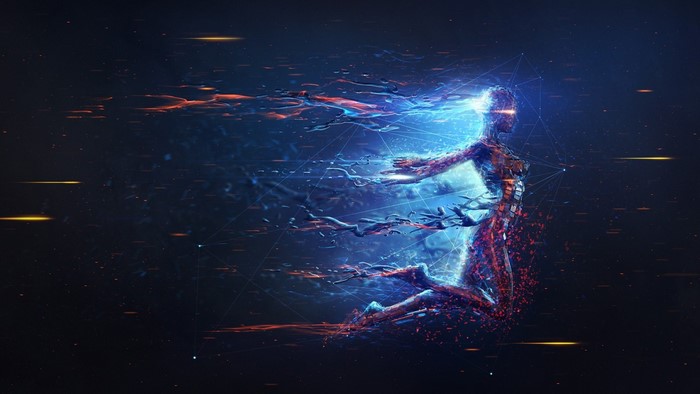 Digital art of a woman dissolving into light and particles