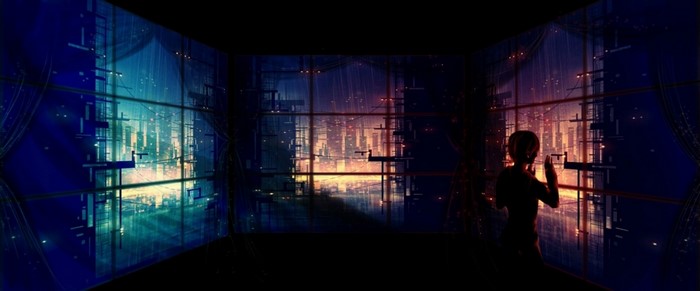 Futuristic city at night seen through a window with a person