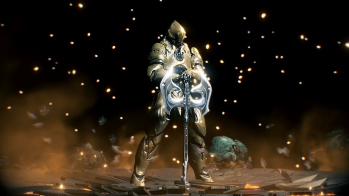 Rhino Warframe holding a large axe in a dark environment