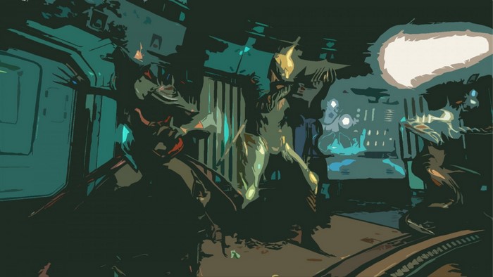 Warframe characters in a sci-fi environment
