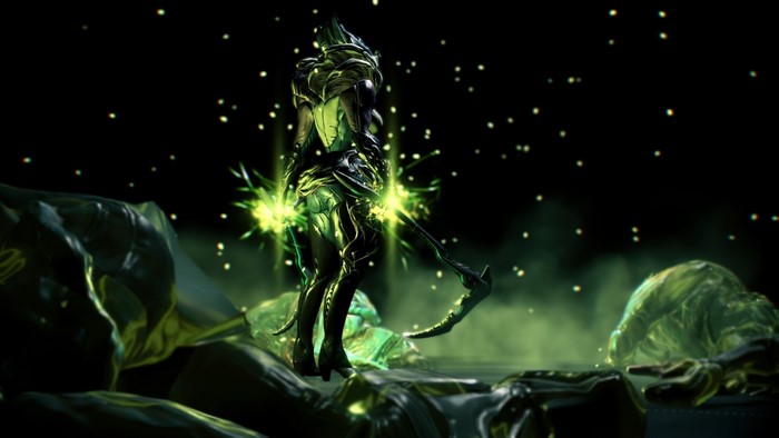 Saryn Warframe with green energy effects