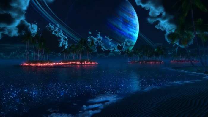 Alien planet with rings over tropical islands at night