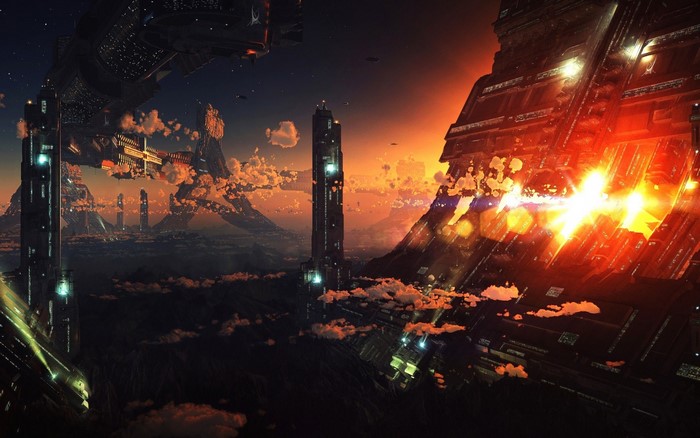 Futuristic city with towering structures and spacecraft at sunset