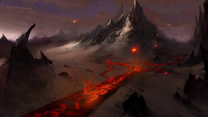 Volcanic landscape with lava river and mountains