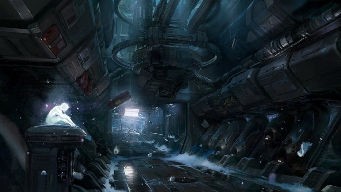 Cortana from Halo 4 in a dark industrial setting