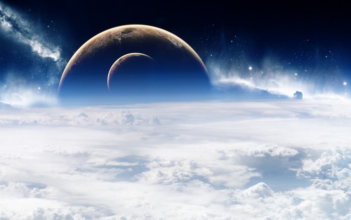 Two planets in space above clouds
