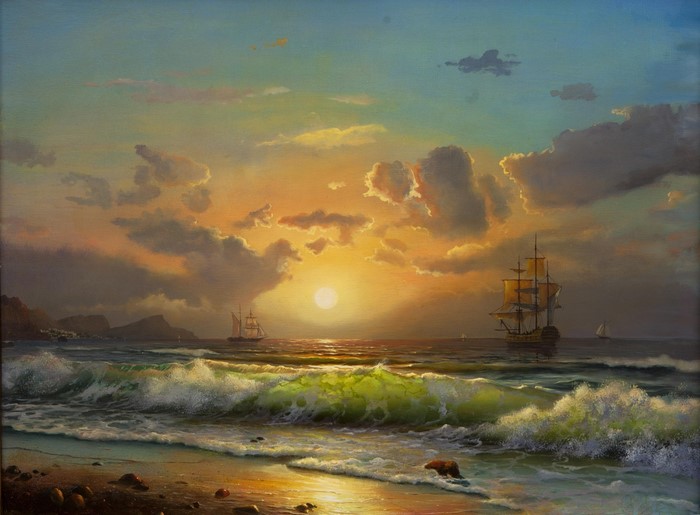Painting of sailing ships at sunset on the sea with waves