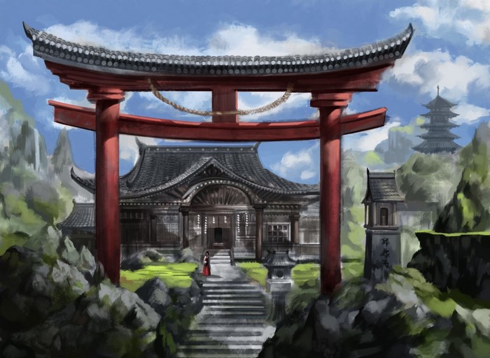 Japanese temple with torii gate and pagoda