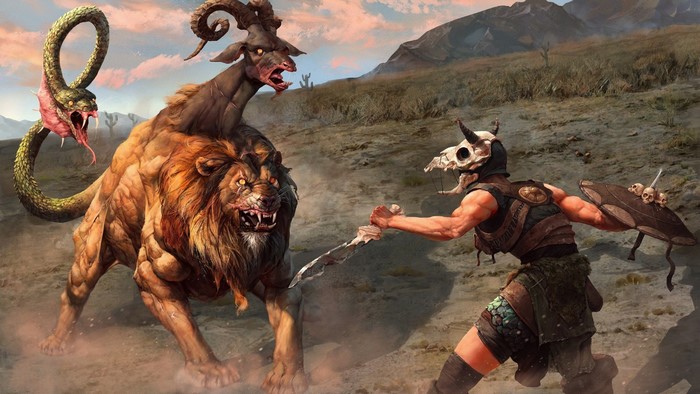 Mythological Chimera Facing Warrior in Battle
