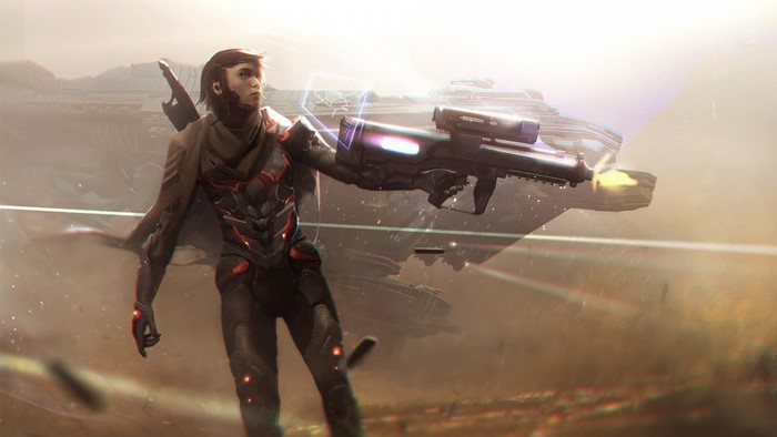 Sci-fi soldier firing a weapon with spaceship in background
