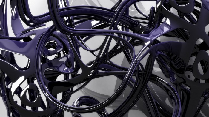 Abstract 3D render of tangled purple and black tubes