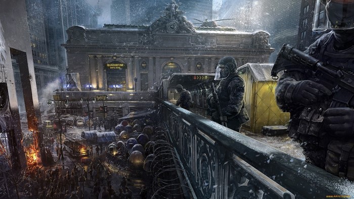 Soldiers in a snowy, quarantined city, concept art for Tom Clancy's The Division