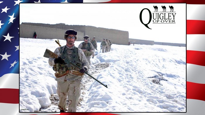 Soldiers in Afghanistan with "Quigley Up Over" logo