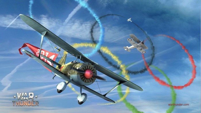 War Thunder biplanes performing aerobatics with Olympic rings smoke trails