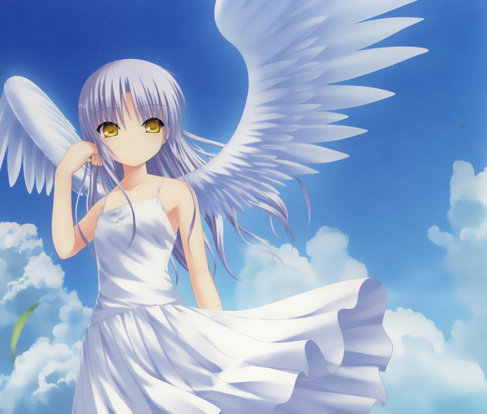 illustration, white hair, anime, anime girls, wings, angel, orange eyes ...