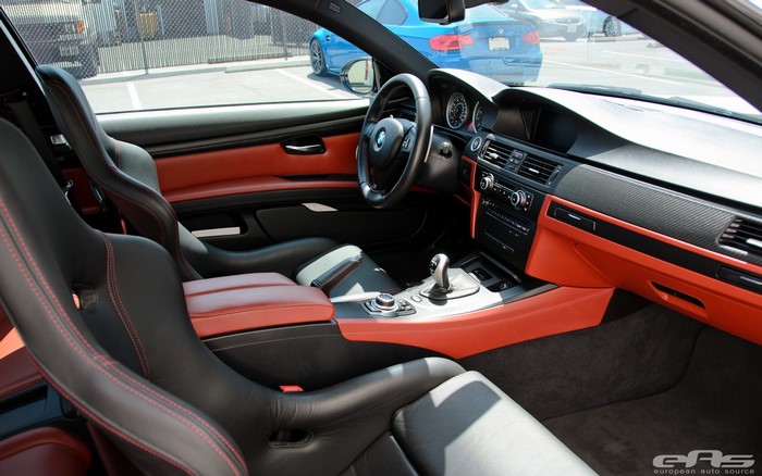 BMW M3 E92 interior with red and black leather seats