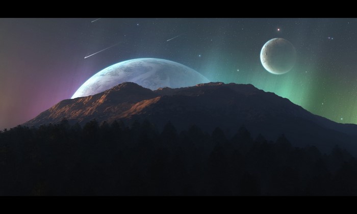 Digital art landscape with planets and aurora