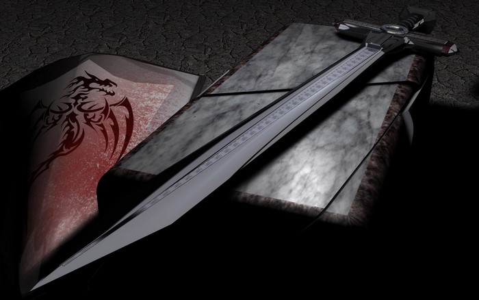 A sword and shield with a dragon emblem
