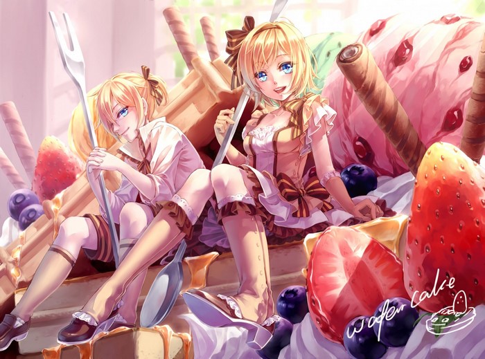 Kagamine Rin and Len from Vocaloid sitting on a giant dessert